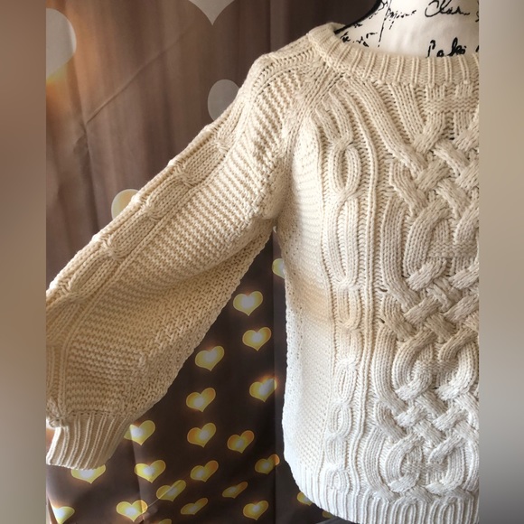 Sweater cable knit lantern sleeve cream white womens long sleeve top - Picture 10 of 14